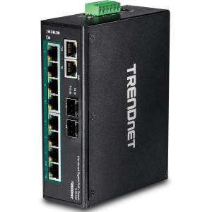 TRENDnet TI-PG102 10-Port Ethernet Switch, 8 Gigabit PoE+ ports, 2 shared Gigabit SFP slots, 20 Gbps switching capacity, DIN-rail/wall mount